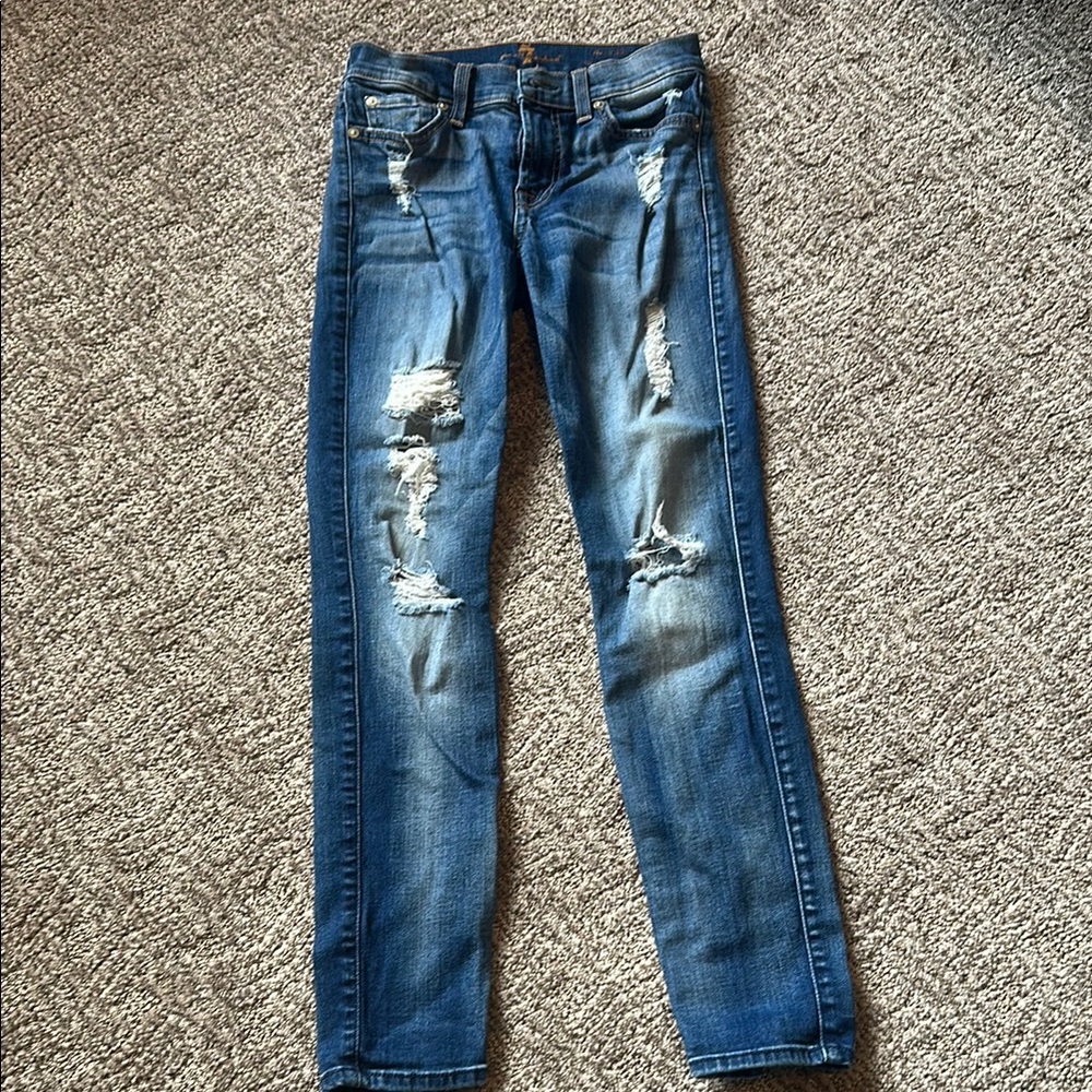 7 For All Mankind Blue Skinny Jeans Distressed Style